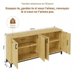 Kapp 4 uksega naturaalne puit 160x35x80 cm, avatud uste ja riiulitega, peal asetsevad mõõdud. Tugev puidust konstruktsioon mustade metallist jalgadega heledal taustal.