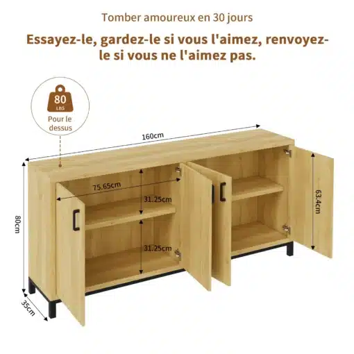 Kapp 4 uksega naturaalne puit 160x35x80 cm, avatud uste ja riiulitega, peal asetsevad mõõdud. Tugev puidust konstruktsioon mustade metallist jalgadega heledal taustal.