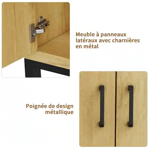 Lähivaade kapile 'Kapp 4 uksega naturaalne puit 160x35x80 cm', mis näitab metallist hinged ja käepidemed. Kapi naturaalne puidust viimistlus ja tugev raam tagavad vastupidavuse ja stiilse välimuse.