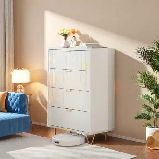 Valge, modernne kummut nelja sahtliga, mõõdud 91x34x60 cm, asetseb elegantses elutoas, millel on sinine diivan ja rohelised taimed, kuldsed käepidemed lisavad luksuslikkust.