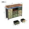 Kummut LED-valgustusega ja laadijaga, 8 sahtlit, hall. Kummutil on erinevat värvi sahtlid dekoratiivsete mustritega, puidust ülemine pind ja mõõdud on näidatud sentimeetrites. Puitpinnaga ülemine osa ja elegantne disain teevad selle funktsionaalseks ja stiilseks mööbliesemeks koduses interjööris.