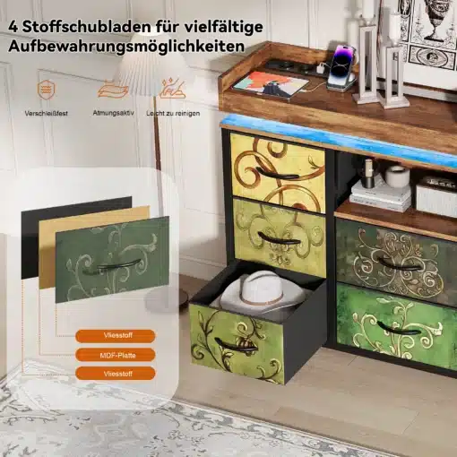 Kummut 8 sahtliga LED-valgustuse ja USB-pesadega, millel on kaunid mustrid ja värvilised esipaneelid. Kapp on valmistatud MDF-plaadist ja vildist, LED-valgustusriba peal, neli riidest sahtlit lahtiselt ning USB-pesad elektroonilise seadme laadimiseks. Taustal on elegantne elutoa interjöör.
