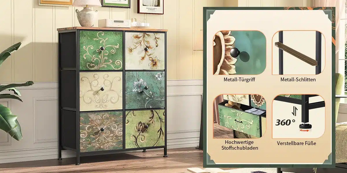 Kummut 6 sahtliga, mugav hoiulahendus magamistuppa, featuring elegant designs on drawers with a green and beige color palette, black metal frame, and wooden top, placed against a beige wall with decorative frames above.