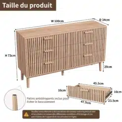 Pildil on puidust lastetoa kummut kuue sahtliga, turvalukuga, naturaalne puit. Kummut on 100 cm lai, 73 cm kõrge ja 34 cm sügav. Sahtlite esiküljed on vertikaalsete triipudega, lisades kaasaegset stiili. Näha on ka sahtli sisemõõtmed ja kummuti jalad.