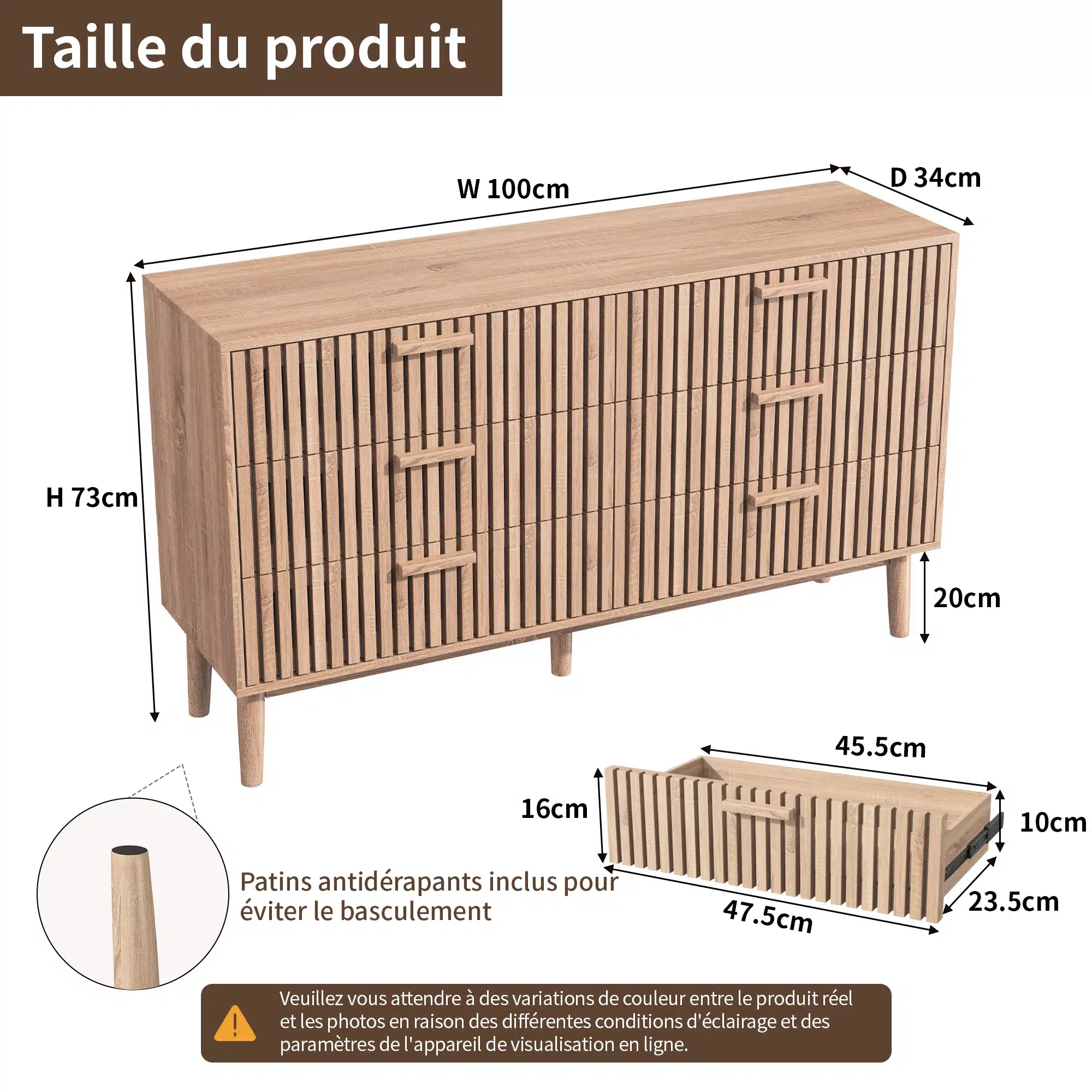 Puidust lastetoa sahtlikapp kuue sahtliga, mis on varustatud turvalukkudega, seiseb heledal taustal. Kapi mõõdud on 100 cm lai, 73 cm kõrge ja 34 cm sügav. Kapp on kvaliteetsest puidust, naturaalses toonis.
