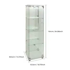 Klaasvitriin LED-valgustusega ja lukustatav, 4 riiulit, läbipaistev klaasmetallist raam, mõõtudega 164cm kõrgune, 42.5cm lai ja 36.5cm sügav, sobib ideaalselt väärtuslike esemete eksponeerimiseks.