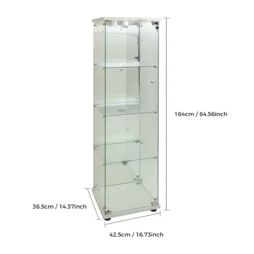 Klaasvitriin LED-valgustusega ja lukustatav, 4 riiulit, läbipaistev klaasmetallist raam, mõõtudega 164cm kõrgune, 42.5cm lai ja 36.5cm sügav, sobib ideaalselt väärtuslike esemete eksponeerimiseks.
