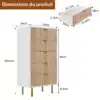 Valge ja puiduvärvi viie sahtliga kummut, mille mõõtmed on 109.8 cm kõrgus, 60 cm laius ja 34 cm sügavus. Kummut seisab kuldsetel jalgadel valgel taustal, stabiilne mööbel magamistuppa.