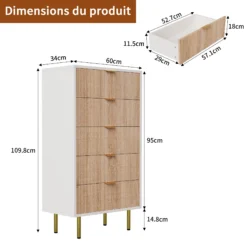 Valge ja puiduvärvi viie sahtliga kummut, mille mõõtmed on 109.8 cm kõrgus, 60 cm laius ja 34 cm sügavus. Kummut seisab kuldsetel jalgadel valgel taustal, stabiilne mööbel magamistuppa.