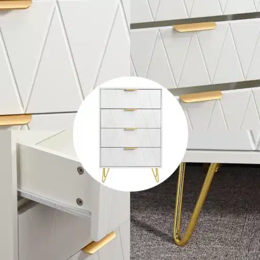 Kummut kitsas valge 4 sahtliga magamistuppa 60x34x90 cm | E-pood Tootemaailm Elegantne kitsas valge kummut, millel on neli sahtlit ja kuldsed jalad, sobib ideaalselt magamistuppa. Kummut on valmistatud kvaliteetsest materjalist ja selle puhas disain toob esile iga ruumi stiilsuse.