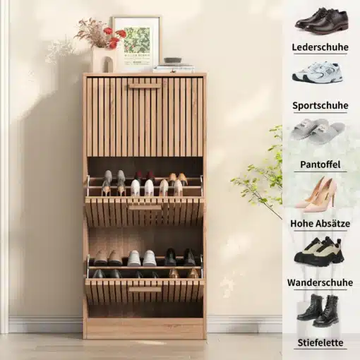 Kingakapp 3 sahtliga kitsas naturaalset tooni 60x24 cm, mahutades erinevaid jalanõusid kolme sahtli vahel valgusküllases elutoas, hele taust ja mõned dekoratiivesemed peal.