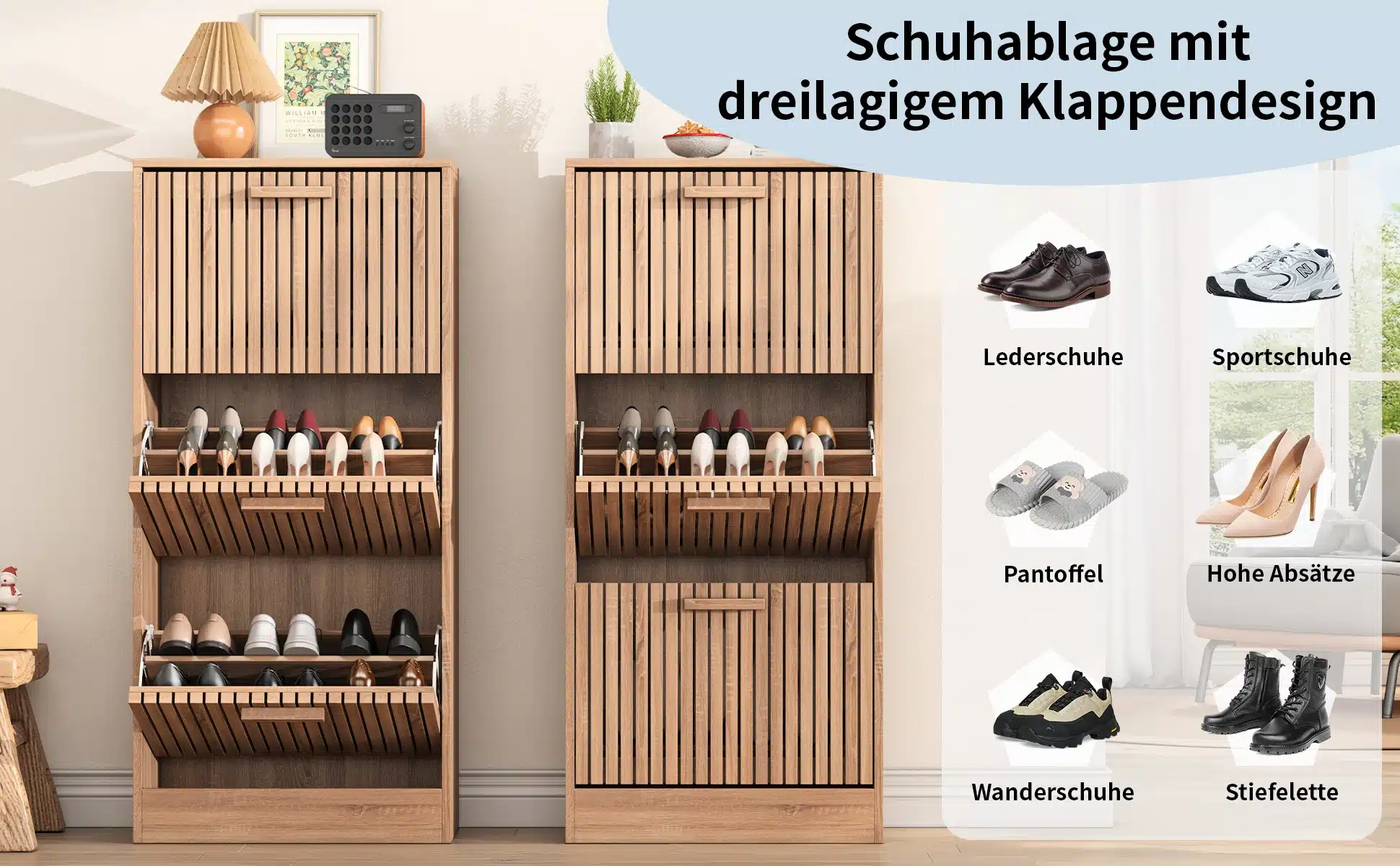 Pilt näitab kahte naturaalset tooni kitsast kingakappi, millel on kolm sahtlit. Kingakapid on stiilsed ja praktilised, mahutades mitmesuguseid kingi. Neutraalsel taustal paistavad kapid hästi, esikusse sobiva esikumööbli hulka kuuluvad.