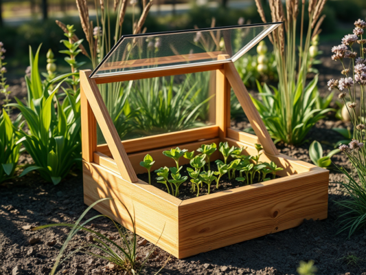 Puidust külmkast aias noorte taimede ja avatud kaanega kevadpäikese käes