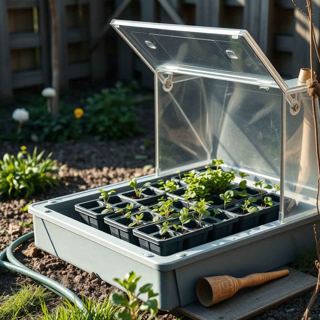 Noorte taimede karastamine külmkastis avatud kaanega ja aiatööriistad kõrval
