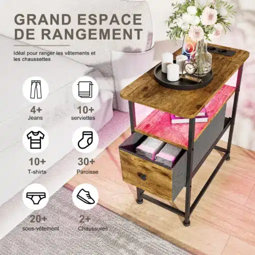 Elegantne kitsas kohvilaud integreeritud LED-valgustusega sooja puidu toonis, USB-pesa ja praktiliste panipaikadega.