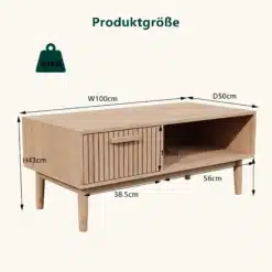 Rotangist kohvilaud sahtli ja riiuliga, puiduvärvi. Laud on minimalistliku disainiga, mõõtudega 100cm pikkus, 50cm sügavus ja 43cm kõrgus. See on puiduvärvi viimistlusega, vasakul sahtel ja paremal avatud riiul, sobib ideaalselt kaasaegsesse elutuppa.