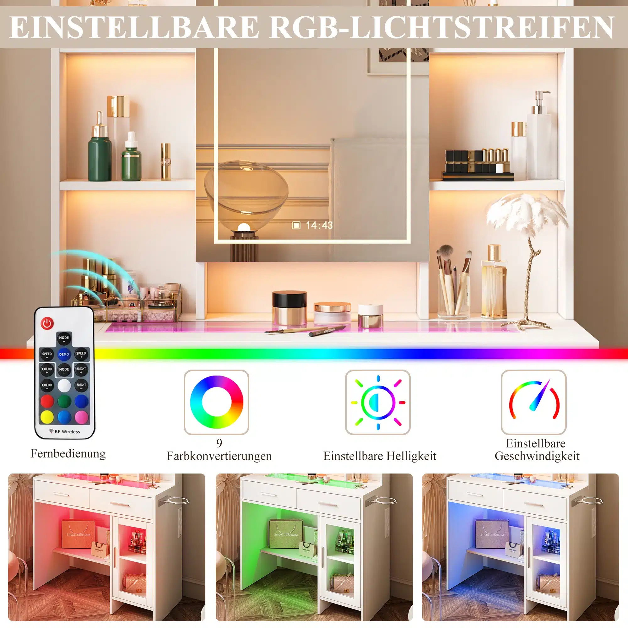 Elegantne Meigilaua komplekt LED valgustusega ja kahe sahtliga, millel on RGB värvidega reguleeritavad valgustribud, avatavad riiulid ja kaasaegne disain, mis sobib ideaalselt magamistoa sisustusega.