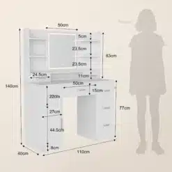 Valgel kosmeetikalaul on LED valgustus ja kokku seitse praktilist sahtlit, mis on asetatud 140x110x40 cm lauaplaadi alla ja külgedele. Laud on varustatud ka peegliga, mille ümber on LED valgus, et tagada täiuslik valgustus meikimiseks. Taustal on nähtav siluett, mis aitab mõista toote mõõtmeid ruumis.