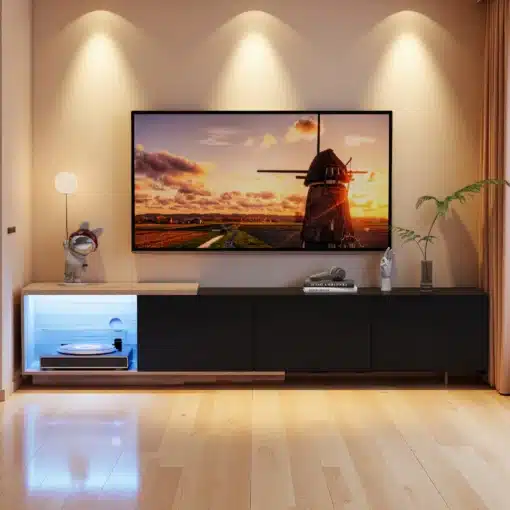 Must TV-alus LED valgustusega, kolm sahtlit, 240x38x44 cm, kaasaegse ja elegantse välimusega, asetseb elutoas heledal puidust põrandal. Sellel on modernne sisustus, sealhulgas päikeseloojangu pilt seinal, minimalistlikud dekoratsioonid ja taimed.