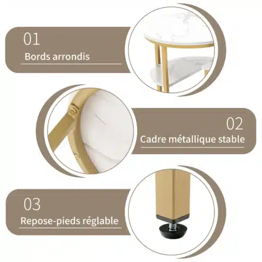 Diivanilauad, millel on kuldsed metallraamid ja ümarad marmoriimitatsiooniga lauaplaadid, esitavad elegantselt modernse stiili ja stabiilsuse. Toodet täiendab reguleeritava kõrgusega jalad, mis lisavad praktilisust ja kohandamisvõimalusi.