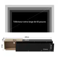 TV-alus LED valgustusega must, kolme sahtliga, mõõtmetega 240x38x44 cm. Musta värvi mööbliese modernsesse elutuppa, taustal näha sobiv televiisori suurus.