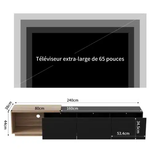 TV-alus LED valgustusega must, kolme sahtliga, mõõtmetega 240x38x44 cm. Musta värvi mööbliese modernsesse elutuppa, taustal näha sobiv televiisori suurus.