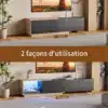 Must TV-alus LED valgustusega, kolme sahtliga, mõõtmetega 240x38x44 cm. Alus sobib modernsesse elutuppa, pakkudes ruumi dekoratsioonidele ja elektroonikale. Pildil esitletud alusel on kaks paigutusvõimalust, sobib erinevate sisekujundustega.