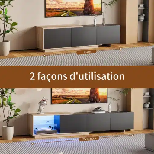 Must TV-alus LED valgustusega, kolme sahtliga, mõõtmetega 240x38x44 cm. Alus sobib modernsesse elutuppa, pakkudes ruumi dekoratsioonidele ja elektroonikale. Pildil esitletud alusel on kaks paigutusvõimalust, sobib erinevate sisekujundustega.
