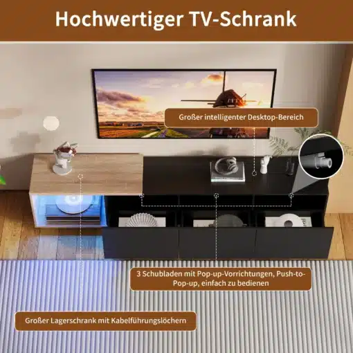 TV-alus LED valgustusega, 3 sahtlit, must, 240x38x44 cm. Pildil on must televiisorialus, millel on kolm sahtlit ja stiliseeritud LED-valgustus. Taustal maastikupilt televiisoris, esiplaanil heledat puhveti stiilis laud ning dekoratiivsed esemed, kaasaegne elutoa interjöör.