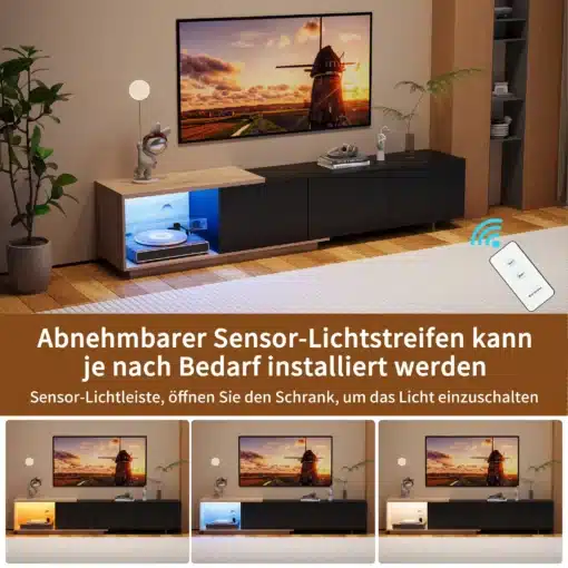 TV-alus LED valgustusega, 3 sahtlit, musta värvi, mõõtmetega 240x38x44 cm, asub stiilses elutoas puitpõrandal, taustaks maal koos modernsete elementidega.