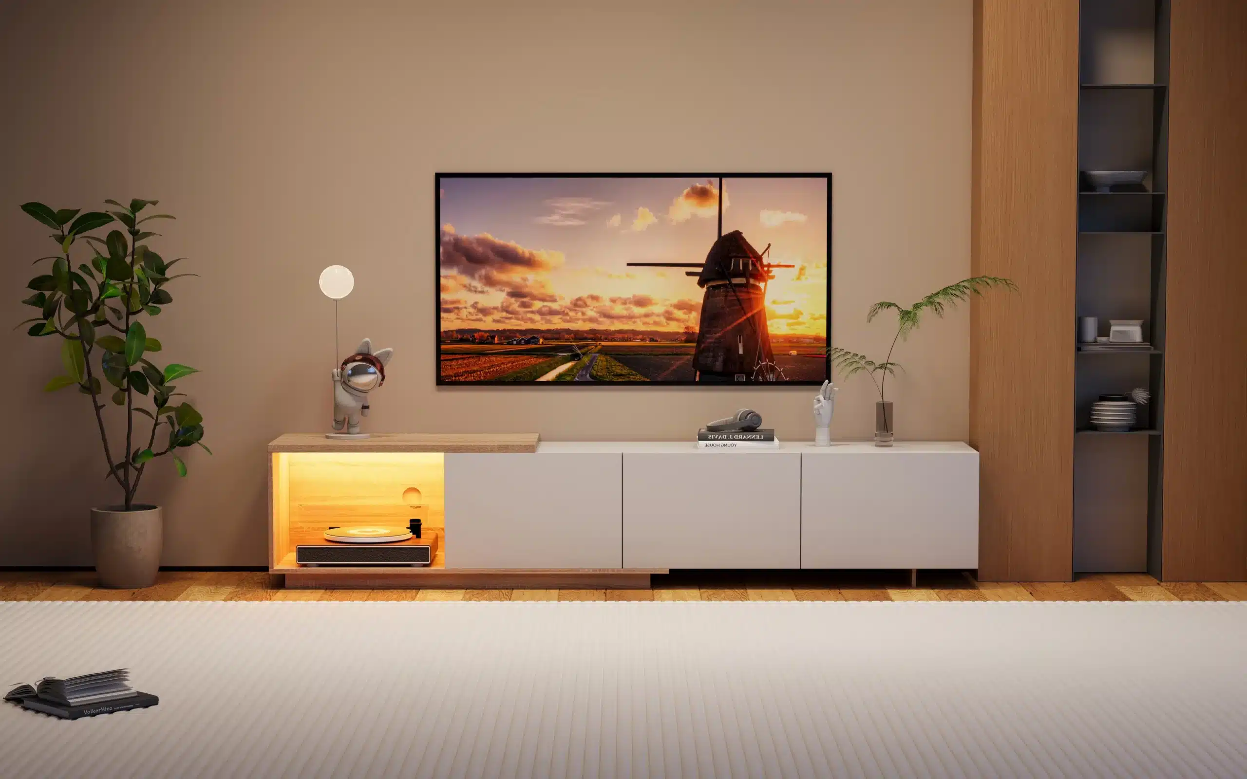 Elutuba musta TV-alusega, LED valgustusega ja kolme sahtliga, mõõtmetega 240x38x44 cm. Alus on paigaldatud modernsesse interjööri valgete ja puidust toonidega ning koosneb musta klaasiga osast, mille taustvalgustus loob hubase atmosfääri. Alusel on elegantsed sahtlid ja kaasaegne disain, mis sobib suurepäraselt kaasaegse televiisori paigutamiseks.