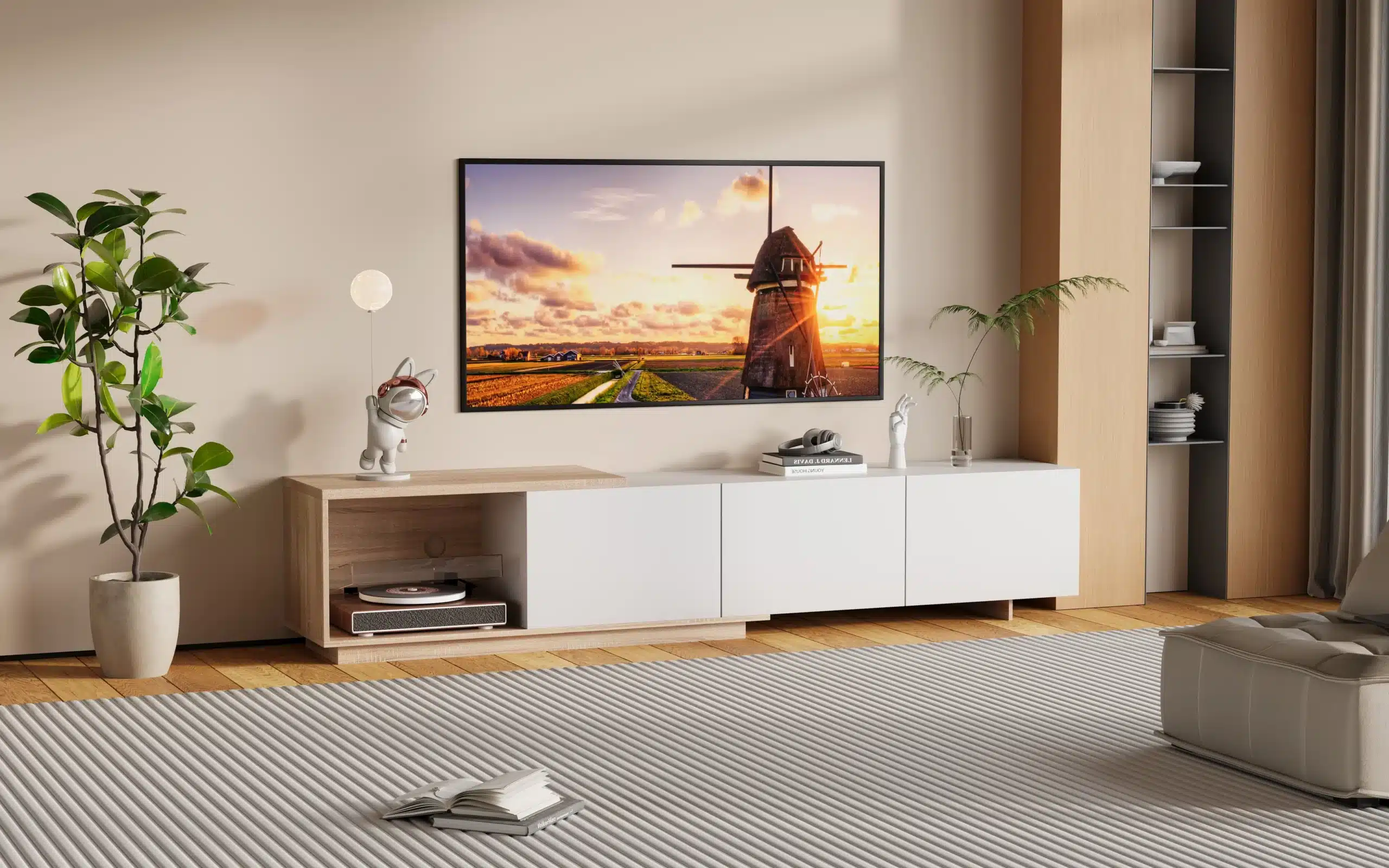Stiilne, must TV-alus LED valgustusega, millel on kolm praktilist sahtlit ja mõõtmed 240x38x44 cm. See on paigutatud kaasaegsesse elutuppa heleda seinaga, kus taustal on näha minimalistlik kujundus ja roheline toataim ning seinas rippuv suur teleekraan.