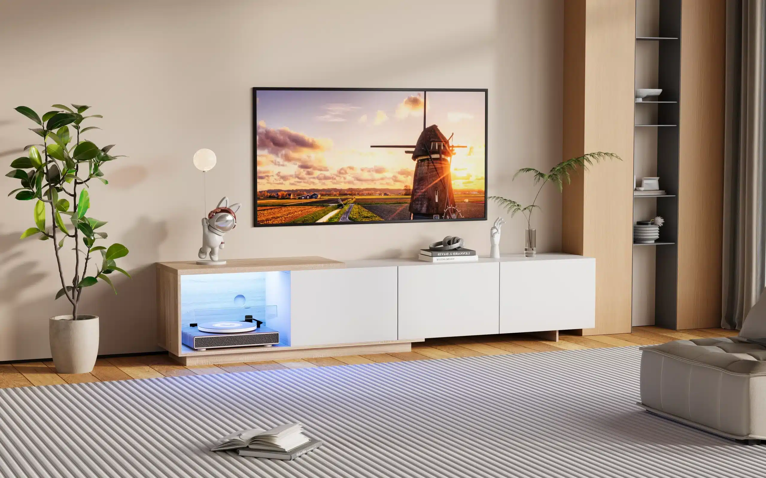 Stiilne must TV-alus LED valgustusega, kolm sahtlit, suurus 240x38x44 cm, paistab elutoas hubase valguse käes. Alusel on must korpus ja sahtlid, taustaks hele sein ning puitparkettpõrand, mis rõhutavad mööbli modernset disaini.