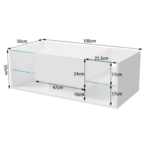 Diivanilaud LED valgustusega, läikiv lakk, suurus 100x50x35, koos funktsionaalsete sahtlite ja kaasaegse disainiga.