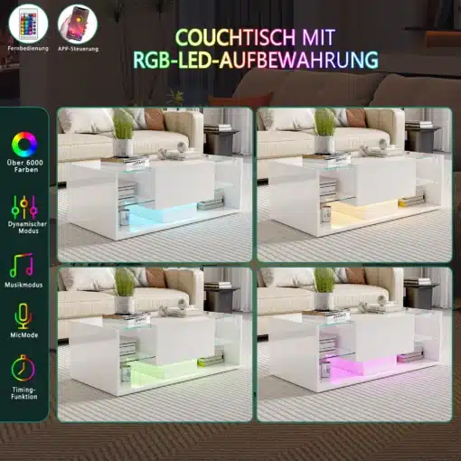 Diivanilaud LED valgustusega, läikiv lakk ja sahtlitega, 100x50x35, elutoas pehme vaiba taustal. Laud särab mitmevärvilise LED valgustusega, mille värvi saab reguleerida kaugjuhtimispuldiga.