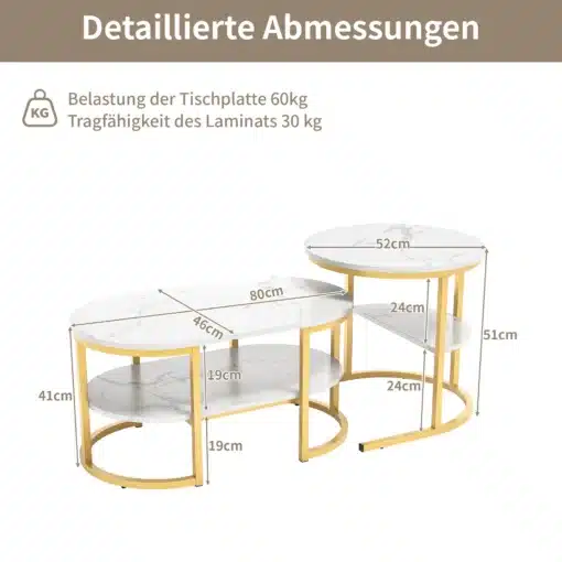 Diivanilauad marmorefektiga, ümarad, komplekt 2 tk | E-pood Tootemaailm Diivanilauad marmorefektiga, ümarad, komplekt 2 tk, millel on kuldsed metallist jalad ja valged marmorefektiga lauaplaadid, taustal mõõtmed lisatud.