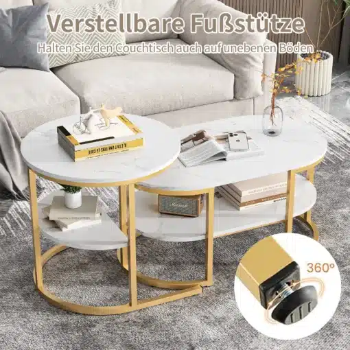 Diivanilauad marmorefektiga, ümarad, komplekt 2 tk | E-pood Tootemaailm Ümar diivanilaudade komplekt marmorefektiga, kaks lauda kuldsete ja valgete detailidega heledal vaibal. Tagaplaanil hele diivan.
