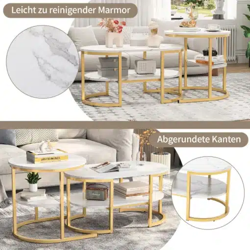 Diivanilauad marmorefektiga, ümarad, komplekt 2 tk | E-pood Tootemaailm Kaunis diivanilauakomplekt koosneb kahest ümarast lauast, millel on kuldsed raamid ja marmorefektiga lauaplaadid. Diivanilauad on paigutatud hubases elutoas heledal vaibal, ümbritsetud stiilsete dekoratiivesemete ja raamatutega.