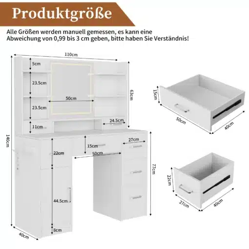 Diagramm, mis näitab valge tualettlaua mõõtmeid koos LED valgustusega ja reguleeritava peegliga, mille laius on 110 cm ja kõrgus 140 cm. Laual on mitmed sahtlid ja riiulid ning selge joonistus laia, 50 cm laiuse peegli asukoht erinevates valgustuse tasemetes.