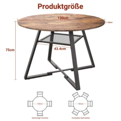 Ümmargune söögilaud panipaigaga, 120 cm diameetriga, tumedast puidust pealispinna ja mustade metalljalgadega. Lauaplaadi all on praktiline panipaik võrgust riiuliga. Piltidel on toodud laua mõõtmed ja paigutusvõimalused neljale ja kuuetele istmele.