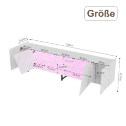 Tv-alus LED-valgustusega, valge marmoriefekt, 220 cm. Pildil on näha valge marmoriefektiga tv-alus, millel on avatud uksed. Alusel on mitmeid riiuleid ja sektsioone, mõõtmed on tähistatud, taust on lihtne ja neutraalne.