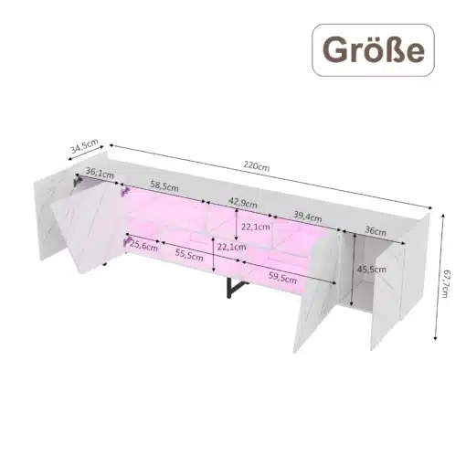 Tv-alus LED-valgustusega, valge marmoriefekt, 220 cm. Pildil on näha valge marmoriefektiga tv-alus, millel on avatud uksed. Alusel on mitmeid riiuleid ja sektsioone, mõõtmed on tähistatud, taust on lihtne ja neutraalne.