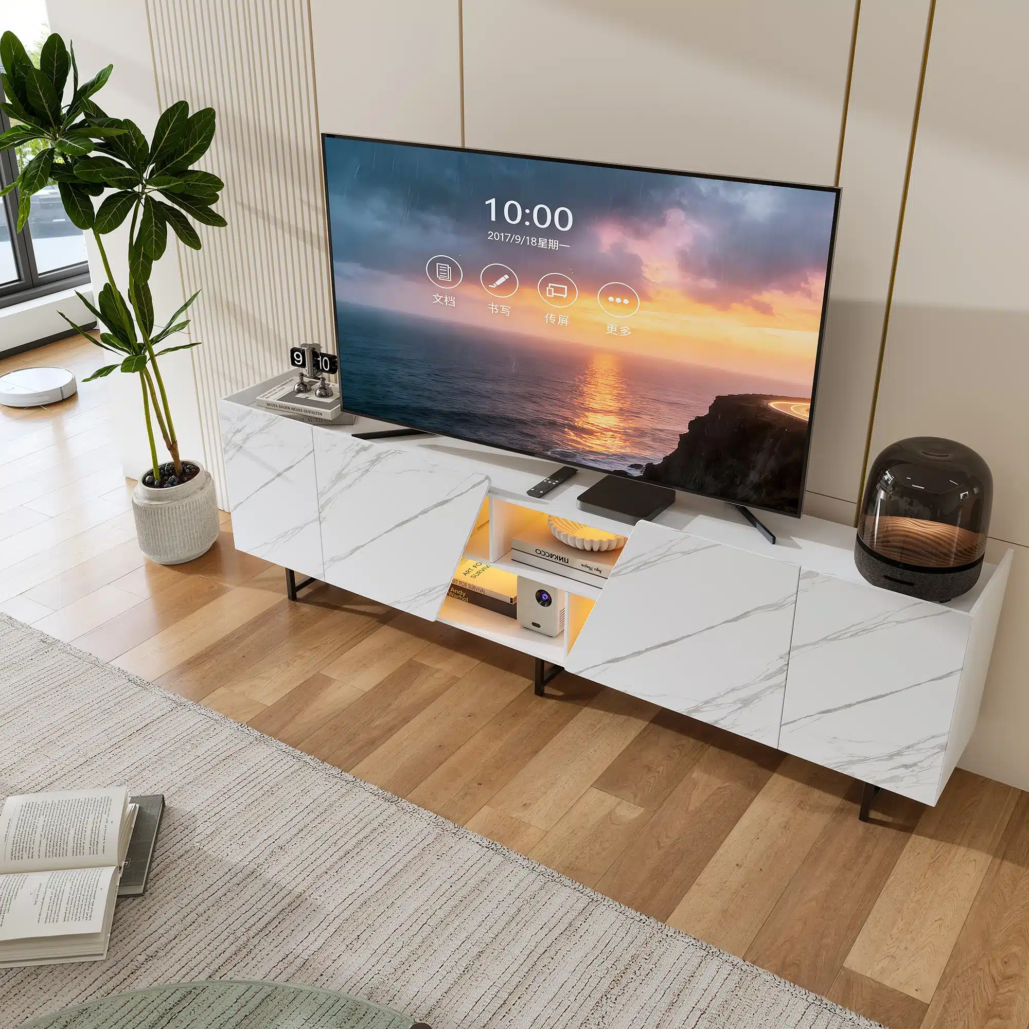 Modernne tv-alus LED-valgustusega, valge marmoriefektiga esipaneelidel, mis paistab silma heledal puitpõrandal ja neutraalses elutoa interjööris.