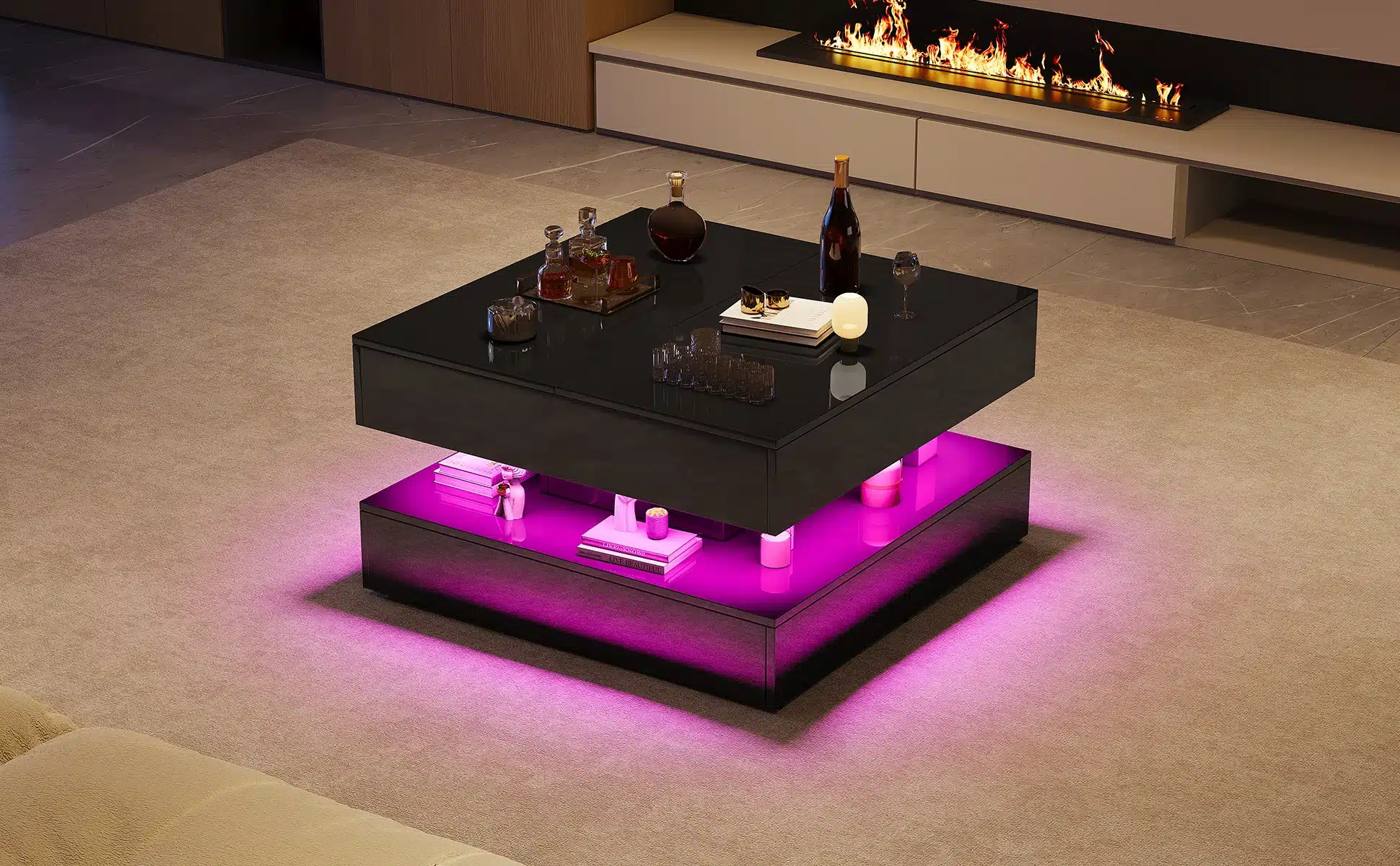 Diivanilaud LED-valgustusega ja sahtliga, kõrgläige musta viimistlusega. Laud asub elegantse elutoa keskel pehme vaiba peal. LED-valgustus loob meeleoluka lilla kuma, täiendades modernset ja stiilset õhkkonda. Laua pealne on kaunistatud erinevate dekoratiivesemete ja klaasidega.