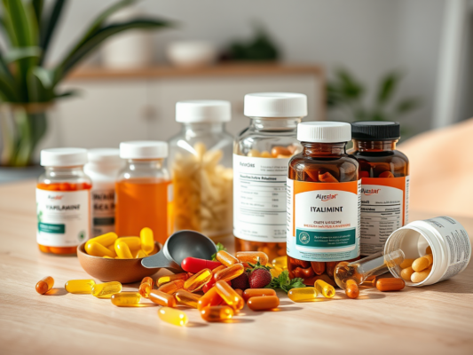 Toidulisandid, vitamiinipudelid ja koostisega etikett laual