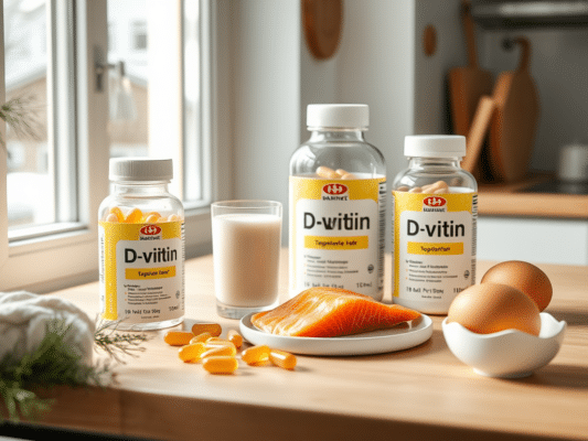 D-vitamiini toidulisandid ja päikeseline talvine hommikusöök laual