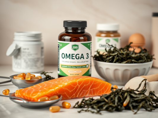 Omega 3: EPA, DHA ja kapslite valik | E-pood Tootemaailm Omega 3 kapslite purk koos kala ja vetikate sümboolikaga
