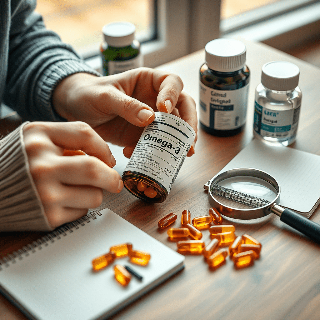 Omega 3 etiketi kontrollimine laual koos kapslitega