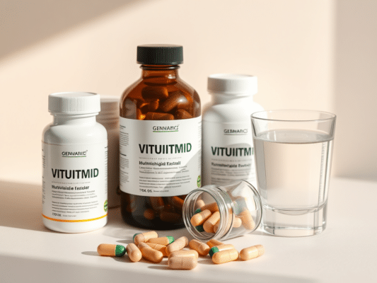 Purgid ja tabletid multivitamiinide teemal neutraalsel taustal