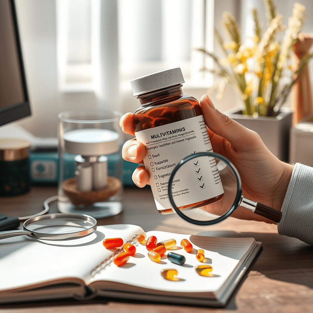 Multivitamiini koostise kontrollimine koos märgitud annuste ja vitamiinide ikoonidega
